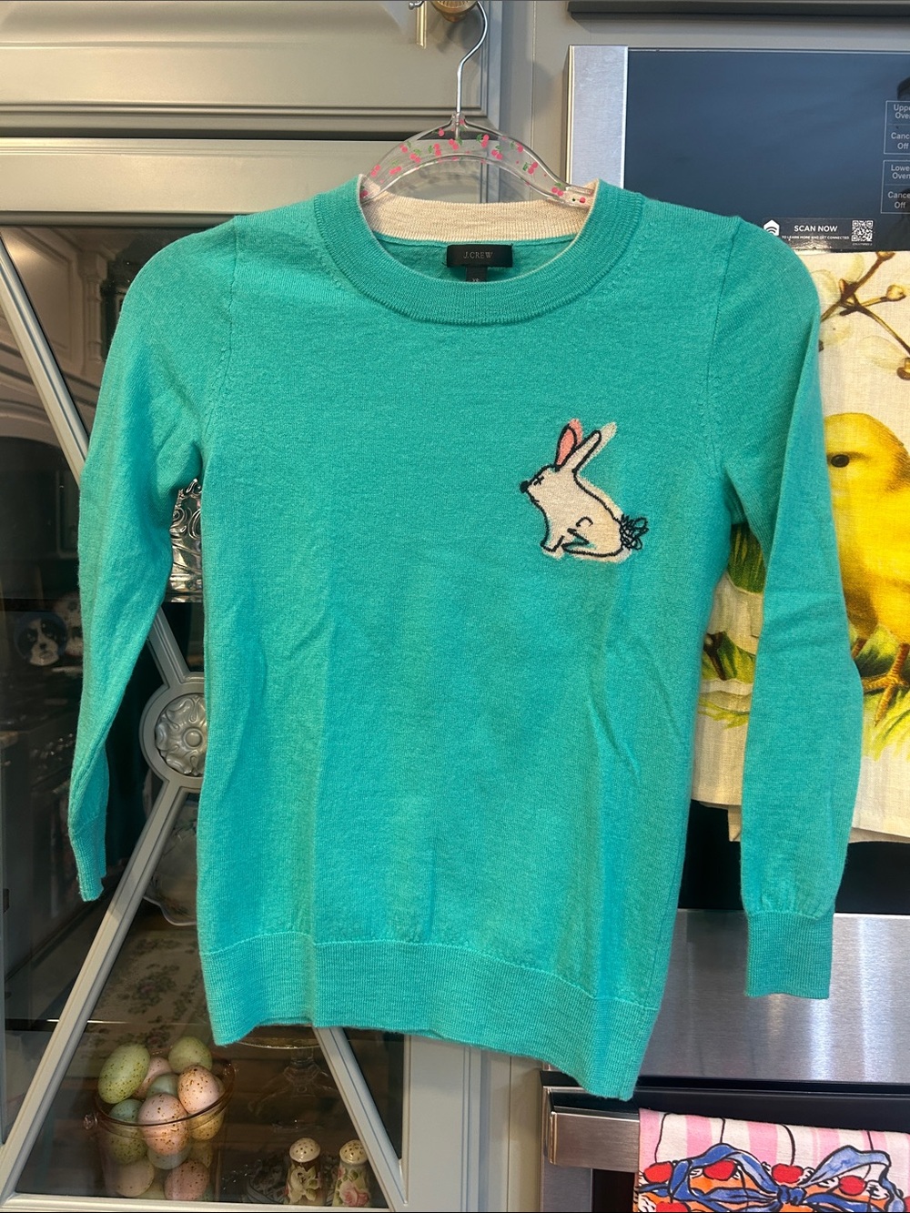 J. Crew Vintage Y2K HTF Merino Wool Turquoise Sweater with Bunny Motif XS